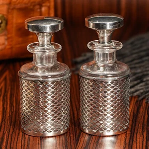Sophisticated Pair Antique Crystal Perfume Scent Cologne Bottles Sterling Silver - Picture 1 of 14