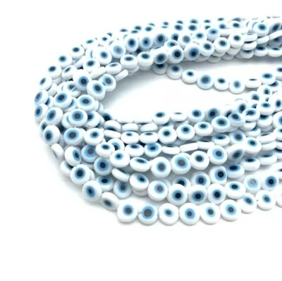 Handmade Greek Turkish Evil Eye Beads  Lampwork Flat Round White 60-65 pcs - Image 1 of 2
