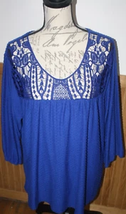 Zac & Rachel Women's Royal Blue LS Blouse Sz Plus 2X Crochet Lace Bodice GUC - Picture 1 of 9