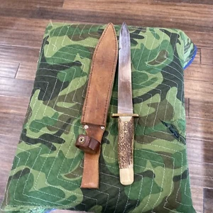 Large Vintage Unmarked Handmade Large Bowie Knife, Stag Handle Blade 16 Inches - Picture 1 of 10
