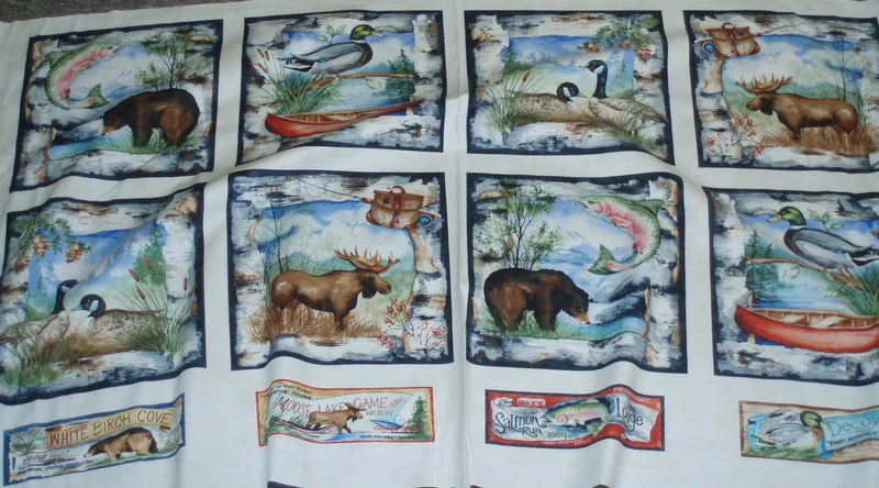 White Birch Cove bloques de vida silvestre tela panel gallo rojo Foto 1 de 1