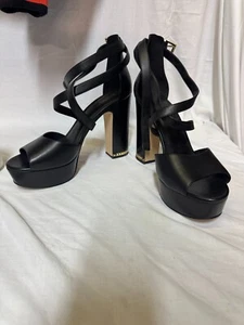 Michael Kors Audrey Women US 10M Sandals Black Leather Ankle Strap Platform Heel - Picture 1 of 16
