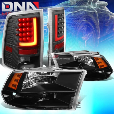 BLACK QUAD AMBER SIDE HEADLIGHT+3D RED L-BAR LED BLACK TAIL LAMP FIT 10-17 RAM - Image 1 of 4