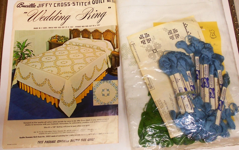 NOS Bucilla Jiffy Cross Stitch Stamped Wedding Ring Double Quilt Top -In Blue - Image 1 of 1