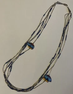 Native American Liquid Silver Sterling Azurite Beads Stone Bear Fetish Necklace - Picture 1 of 10