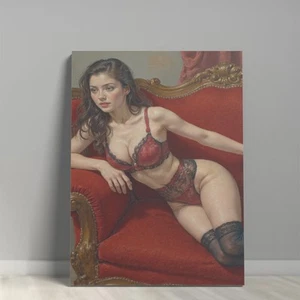 Seductive Woman Red Couch Oil Painting Living Room Wall Art Canvas Painting - Picture 1 of 2