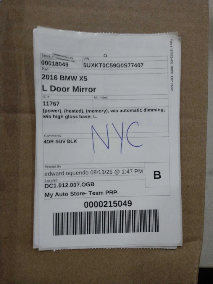 2016 BMW X5 Left Door Mirror Assembly Black Used 697175 93K Mileage Foto 1 de 4