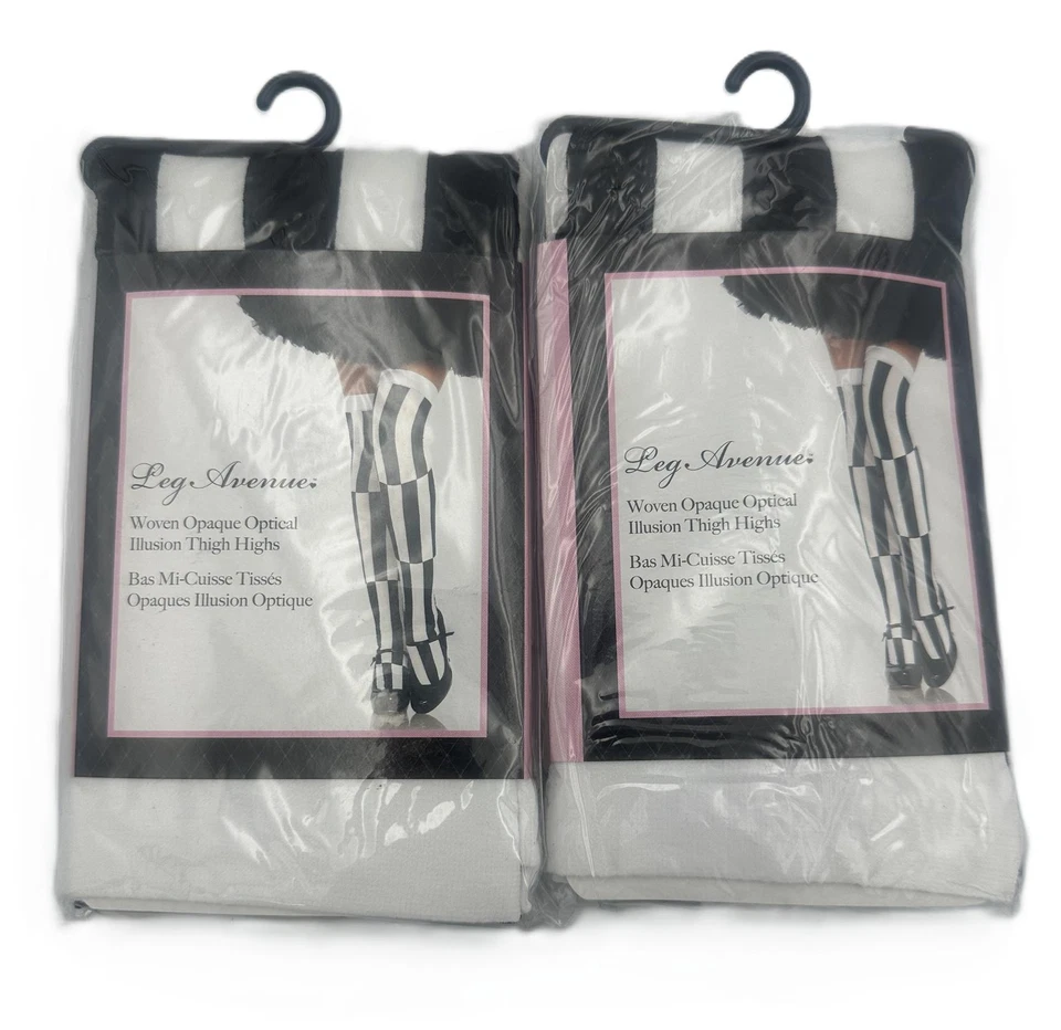 2只装女式编织不透明光学幻觉大腿高帮-黑色/白色,均码 — 第 1/1 张图片