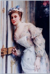 Pintura "Dama en la puerta" de Leon Comerre, Museo Lightner Fl, arte RPPC - Imagen 1 de 2