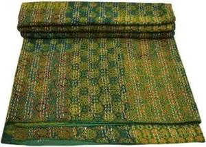 King Size Hand Block Print Indian Cotton Kantha Handmade Quilt Bedspread Blanket - Picture 1 of 2