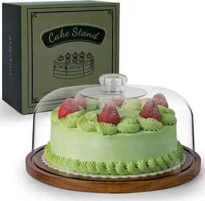 Cake Stand with Dome Lid, Acacia Wood Cake Plate with Cover, Wooden Cake Display - Picture 1 of 6