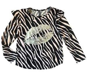 Pixie Lane Girls Simply Soft Ruffle Shoulder Zebra Print Metallic Lips Top 6 - Picture 1 of 3