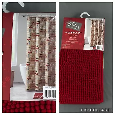 Juego de baño de vacaciones de Navidad ganchos para cortina de ducha alfombra de baño Be Merry Cars nuevo Foto 1 de 4