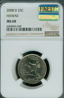 2008 D HAWAII QUARTER NGC MS68 PQ MAC FINEST BUSINESS & SPOTLESS RARE POP 5 * - Image 1 of 4