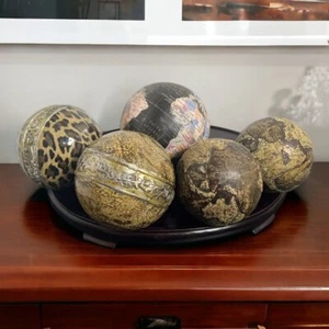 Vintage Decorative World Map Animal Print Brown Five Spheres Brown Carved 3”-5” - Picture 1 of 10