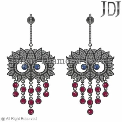 New Natural Pave Diamond Owl Earrings 925 Silver Sapphire Ruby Halloween Jewelry - Image 1 of 3