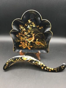 Antike Chinoiserie Krümelschale & Pinsel viktorianisch Pappmaché schwarz Lack Vogel - Bild 1 von 13