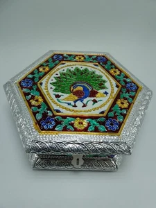 Peacock & Flowers Colored Meenakari Hexagonal Jewelry Trinket Box - Picture 1 of 12