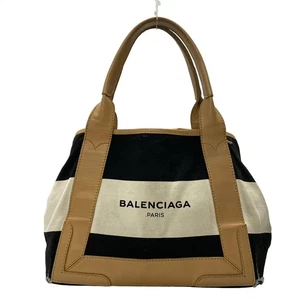 BALENCIAGA Hand Bag Tote Purse Canvas Leather Black White Light Brown Authentic - Picture 1 of 24
