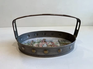 Antique Hand Painted Porcelain Tray w/Metal Frame & Handle Romantic Couple Scene - Picture 1 of 6