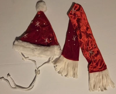 Dog Pet Red Christmas Santa Hat 6x6" And Scarf 18" Snowflakes Velvet/Velour - Image 1 of 4