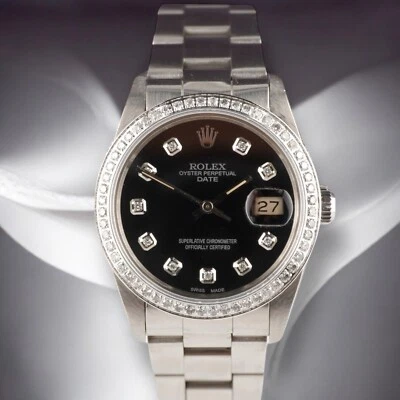 Rolex Date 34mm Ladies 1ct Black Diamond Dial Steel Oyster Watch 15000 - Image 1 of 4