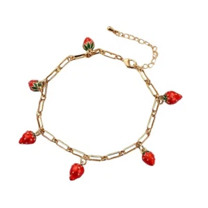 18k Gold Plated Copper Red Enamel Strawberry Charms Bracelet - Picture 1 of 3