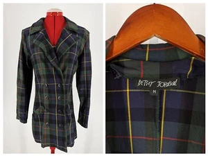 Betsey Johnson Vintage 90s Blackwatch Tartan Plaid Trench Double Breasted Jacket - Picture 1 of 6