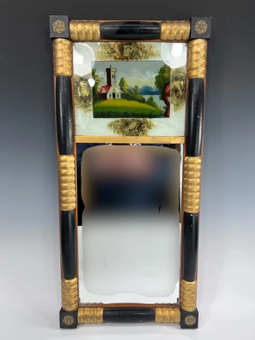 Antique Split Column Mirror W/Reverse Painting “Building Aside A Lake” Cover