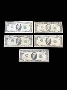 5 Circulate Small Head Ten Dollar Bills ($10 Bill) - Assortment Of Series - Picture 1 of 2