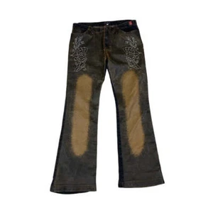 Vintage 90s Y2k ‘Desigual’ Leather Distressed Floral Patterned Denim Flared High - Picture 1 of 5