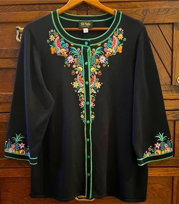 Bob Mackie носимый искусства вышитый амброзии цветочный фрукты кардиган свитер Sz L - Изображение 1 из 4