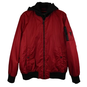 Chaqueta de bombardero con capucha para hombre GUESS roja negra talla grande ropa de calle Lagenlook otoño - Imagen 1 de 17
