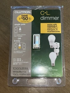 Lutron 3-Way Toggler Dimmer Switch TGCL-153PH-WH Single Pole/LED+ New Open Box - Picture 1 of 6