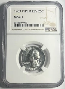 1963 WASHINGTON SILVER QUARTER TYPE B REVERSE GRADED NGC MS61 - Picture 1 of 2