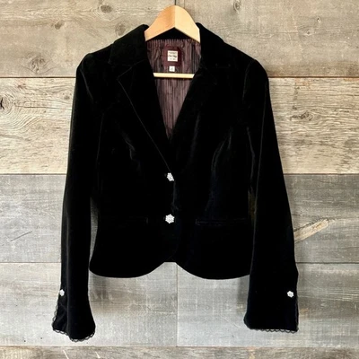 Chaqueta de terciopelo vintage antigua azul marino para mujer M negra estrás peplum encaje romántico Foto 1 de 4