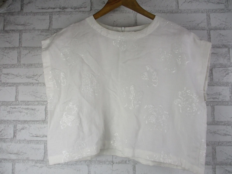 Alpha 60 Mujer Top Blusa Blanco Lino Mezcla Lentejuelas XS, 8 Manga Corta Foto 1 de 4