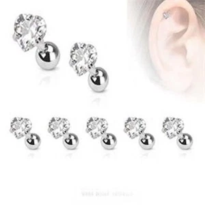 Cartilage/Tragus oreille coeur gemme transparente calibre 16 1/4" 3mm haut * - Photo 1/3