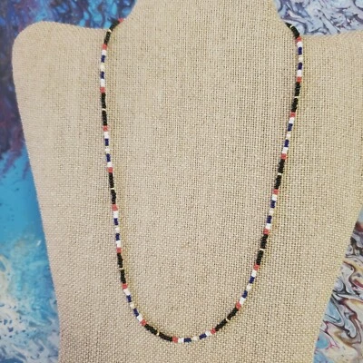 Blue, Black, Gold, Red, and White beaded necklace - Lobster Clasp - Image 1 of 4