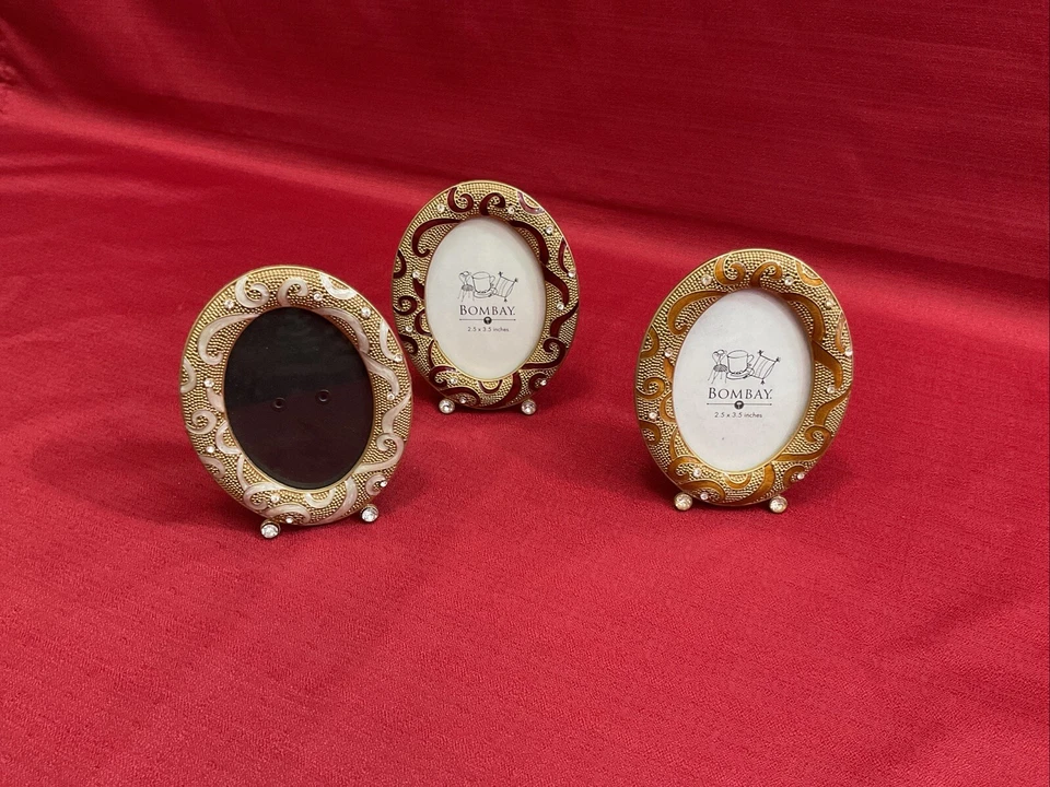 Set of 3 BOMBAY 2.5" x 3.5" Enamel & Rhinestones Oval Photo Frames Box Beautiful - Image 1 of 4