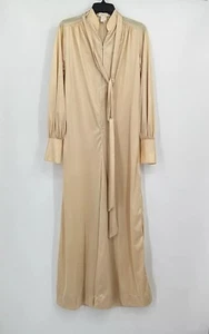 Vtg Le Voy's Satin Jumpsuit Disco M Tan Long Sleeve Wide Leg Palazzo Pants Tie - Picture 1 of 9