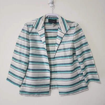 Chaqueta abierta a rayas Lafayette 148 para mujer blanca azul verde ligera talla M Foto 1 de 4