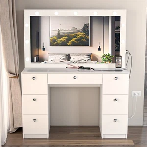 Vanity Makeup Table, Mirror, Glass Top, Built-in Lights, 7 Drawers, Basic Knobs - Picture 1 of 7
