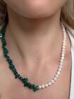 Genuine Natural Freshwater Pearl And Malachite Steel Necklace 45 cm