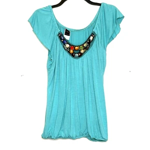 Wrapper Size Large Embellished Turquoise Short Sleeve Blouse - Picture 1 of 9