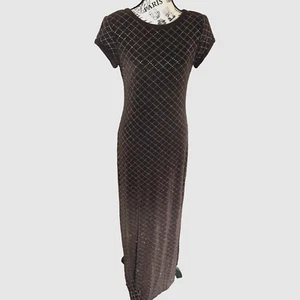 Vintage 90s Huey Waltzer Saks 5th Cap Sleeve Brown Maxi Shimmery Evening Dress 8 - Picture 1 of 11