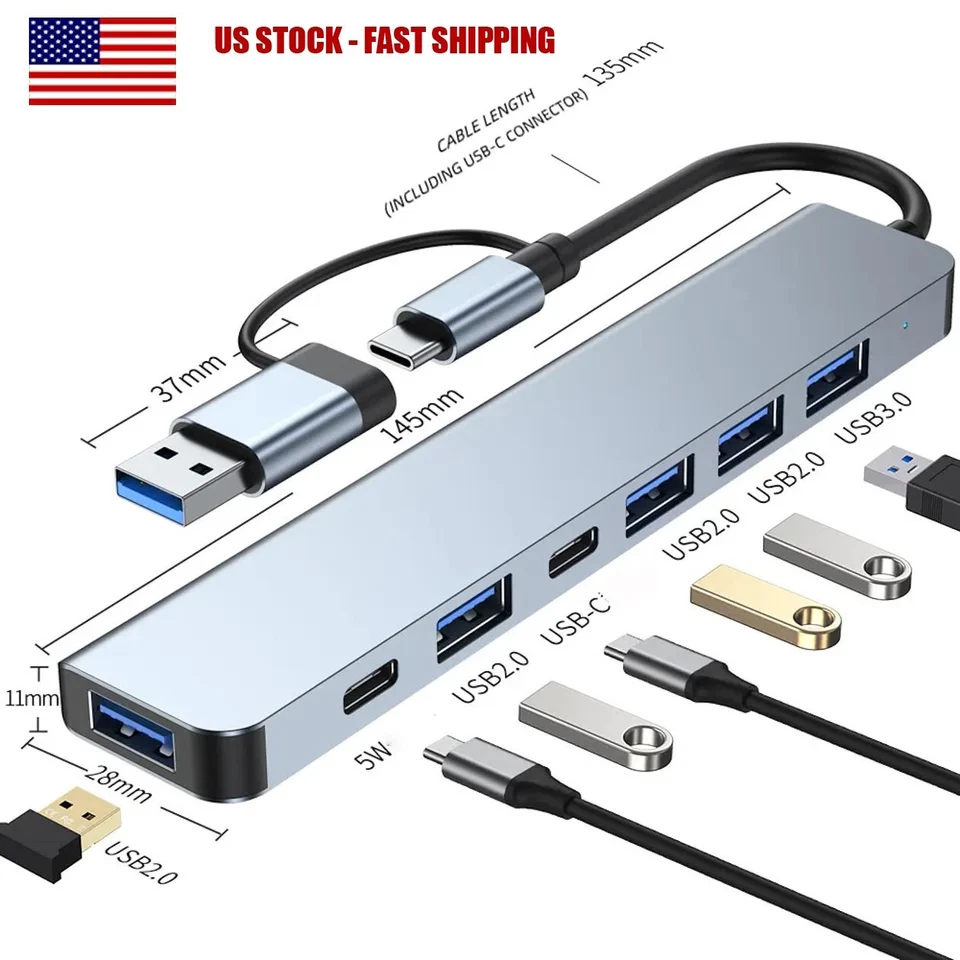 7 in 1 Multiport USB-C Hub Type C To USB 3.0 2.0 Multi-hub Dock Splitter Adapter - Image 1 of 4