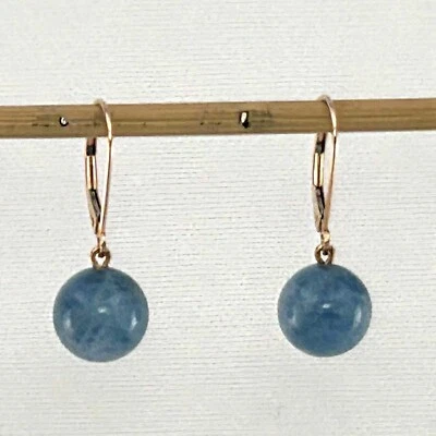 Pendientes colgantes de cuentas de aguamarina azul con cierre de palanca de oro macizo rosa de 14kt de 10 mm Foto 1 de 4