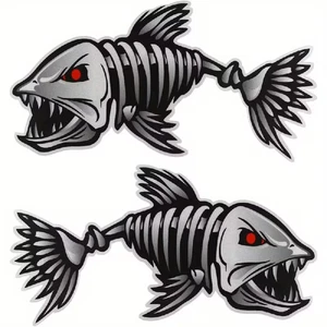 2 Stück wasserdichte Vinyl Fisch Skelett Aufkleber 10x5" Aufkleber für Autos, Boote & mehr - Bild 1 von 8