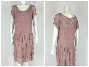 Antique 1920s Garden Party Dress Embellished Beads Rhinestones Attached Lining S - Picture 1 of 17